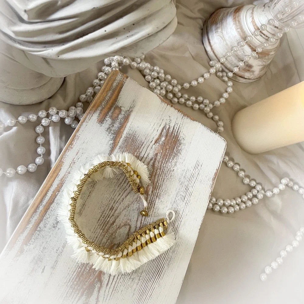 Boho White Ankle Bracelet with Antique Gold Finish